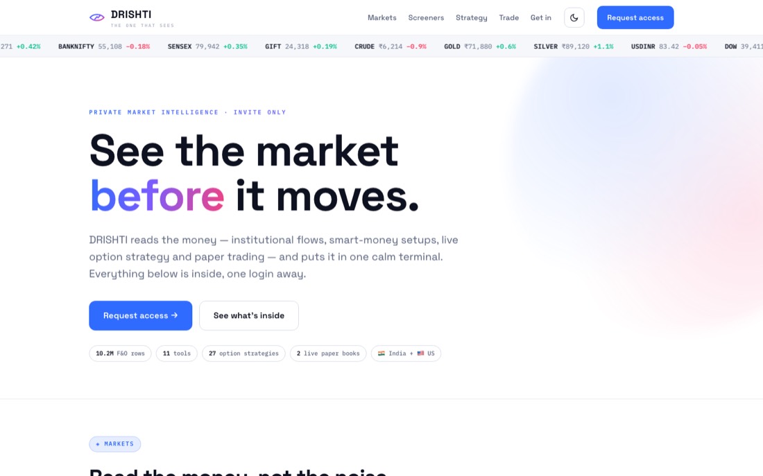 The TrendRiders platform landing page with a live market ticker