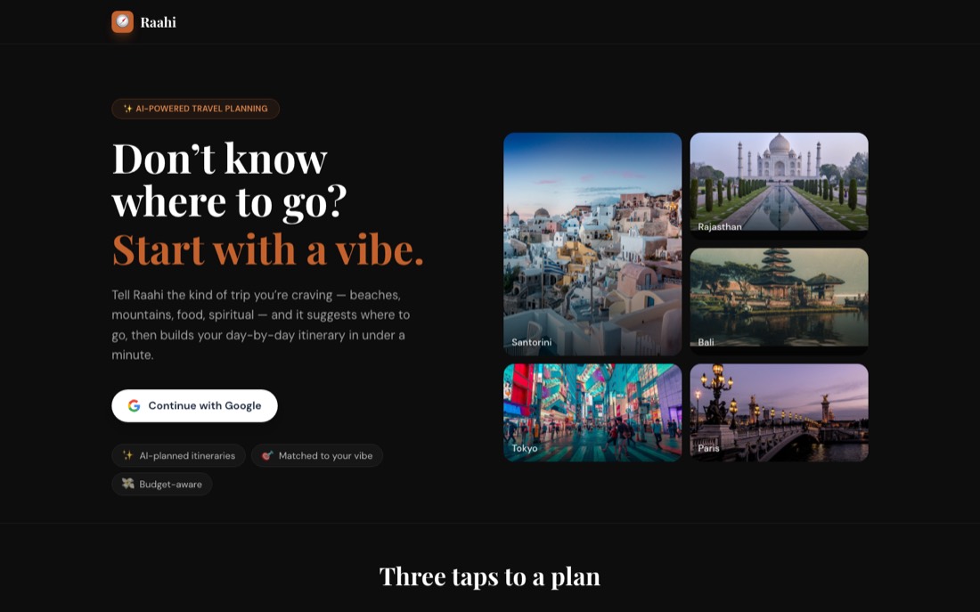 Raahi travel planner landing page