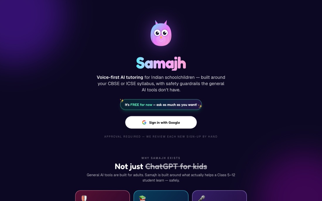 Samajh voice tutor sign-in page
