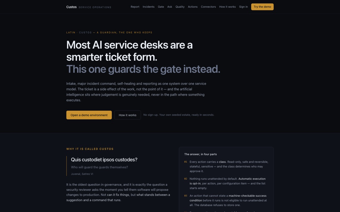 Custos landing page — Quis custodiet ipsos custodes?