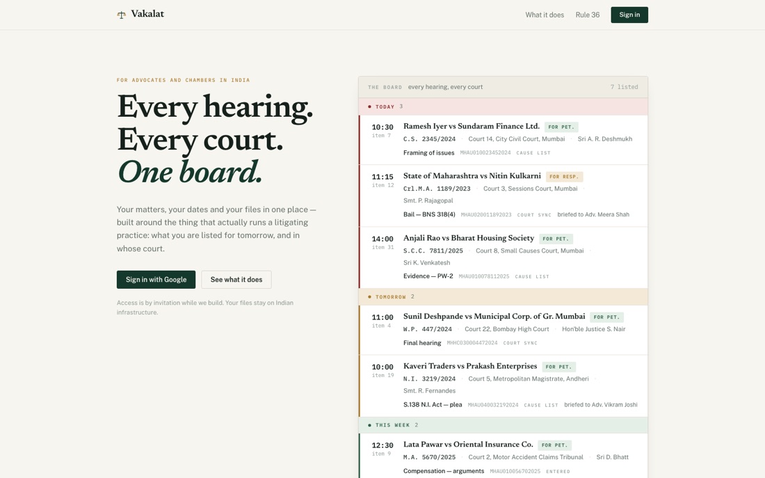Vakalat — the hearing board, every hearing and every court