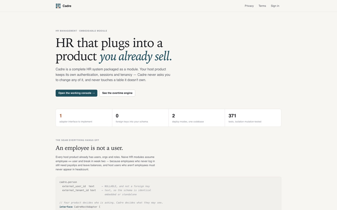 Cadre — HR that plugs into a product you already sell